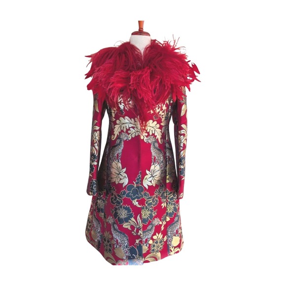 NWT Dolce‎ & Gabbana Red Brocade Coat with Feather Collar Made in Italy Size 38 - Picture 5 of 14
